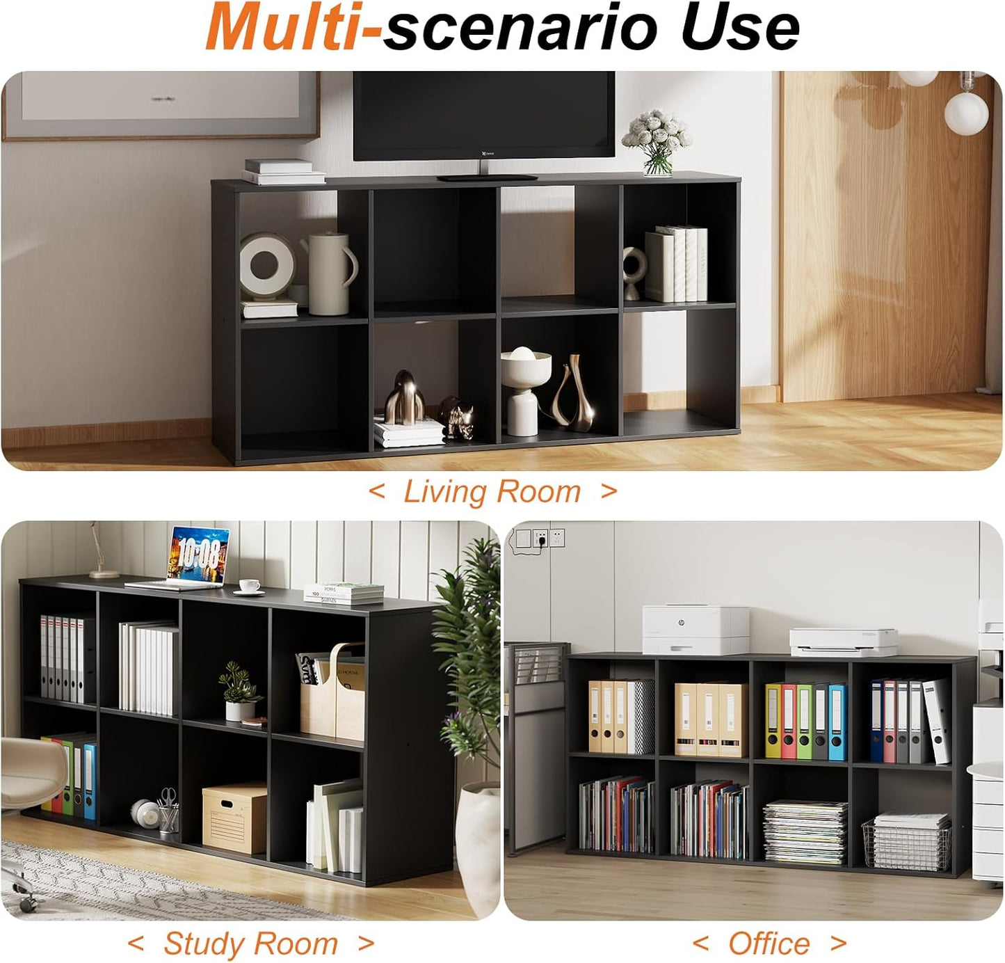 Sweetcrispy 8 Cube Storage Organizer - Open Cube Bookshelf with 4 Removable Back Panels, Display Storage Bookcase for Living Room, Bedroom, Entrance Hall, Home Office，47.7" L×11.6" W×24" H, Black