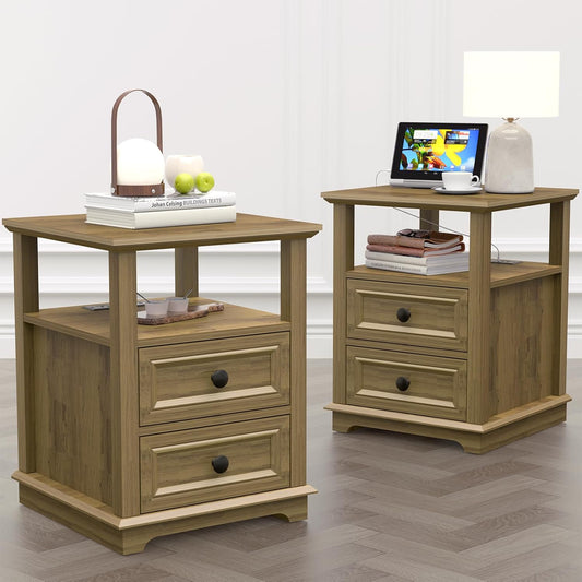 18" Wide End Table with Charging Station Set of 2, Fast Charge End Table Set of 2, Large 18” Bedside Table with Drawers, Storage Cabinet with Open Shelf for Bedroom, Natural