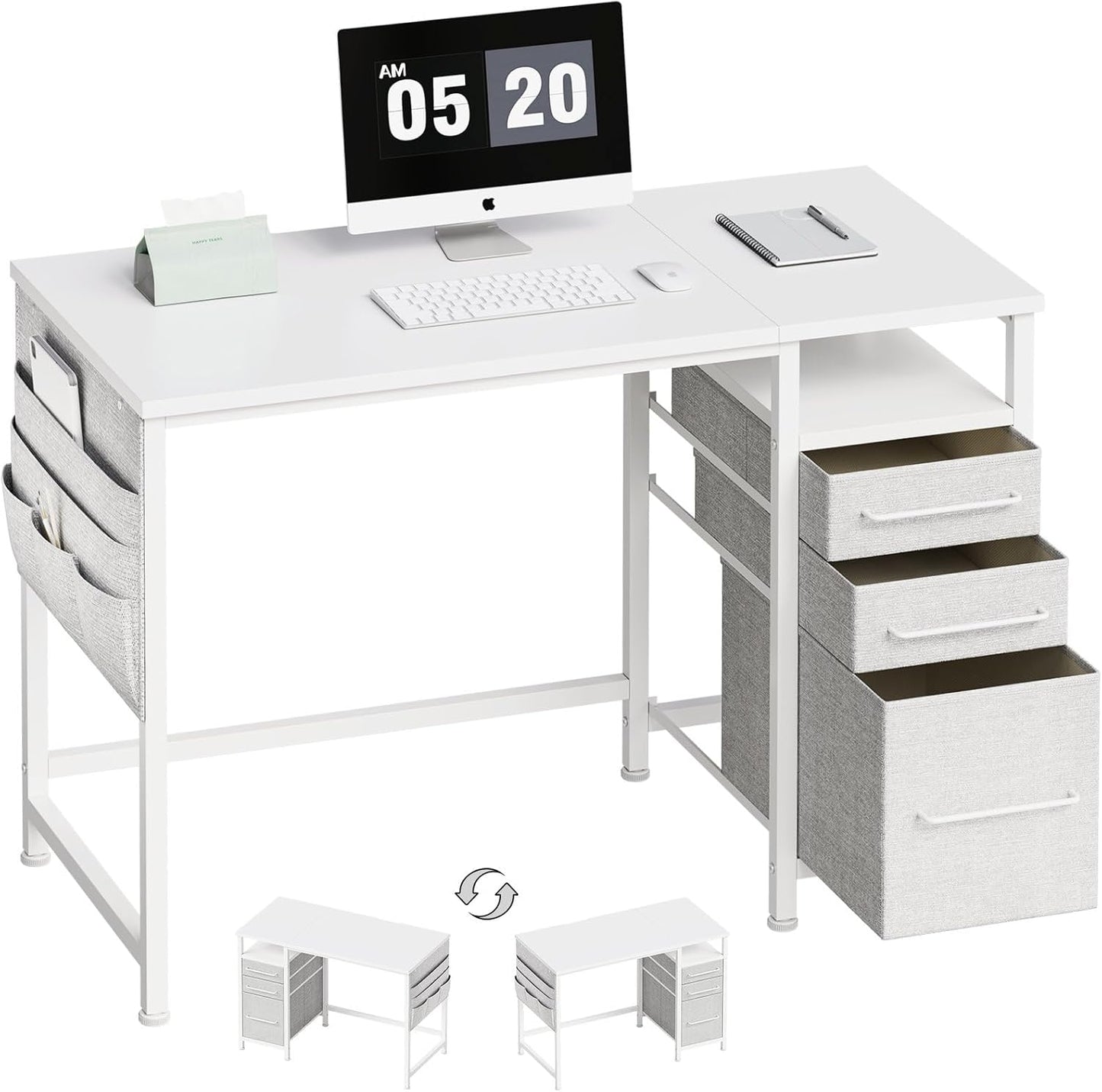 Ｍａｉｈａｉｌ Maihail Small Desk with Drawers, 40 inch Computer Desk with Shelves, Writing Desk with Storage, Small Office Desk with Metal Frame, White