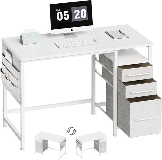 Ｍａｉｈａｉｌ Maihail Small Desk with Drawers, 40 inch Computer Desk with Shelves, Writing Desk with Storage, Small Office Desk with Metal Frame, White