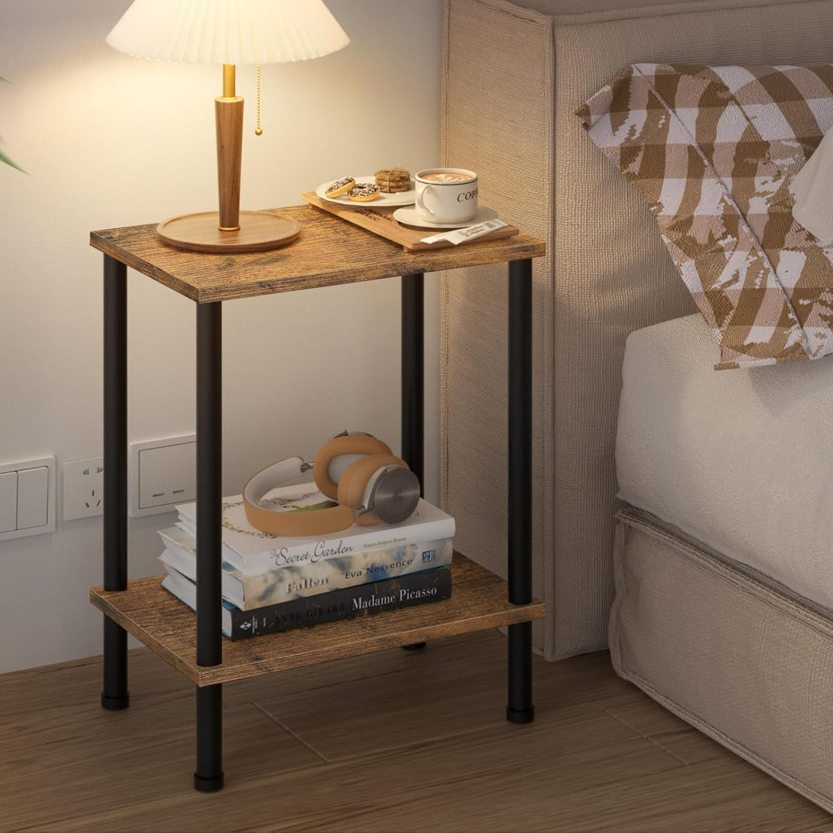 End Table,Small Side Table,2-Tier Nightstand with Storage Shelf,Sofa Bedside Table for Small Spaces in Living Room,Bedroom, Office,Stable Frame,Easy Assembly,Rustic Brown