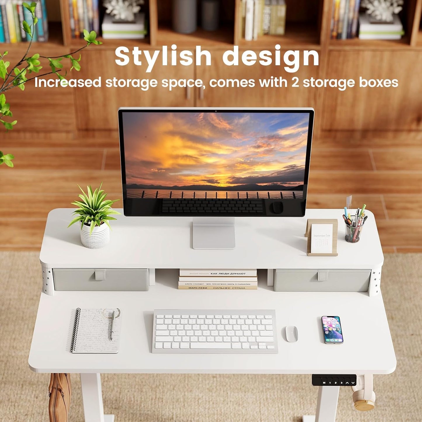 Small Standing Desk with Drawers and Brushless Motor,Electric Sit Stand Desk for Walking Pad,Ergonomic Stand Up Desk for Home Office & Gaming,3 Memory Height Preset & Hooks(35" x 20",White)