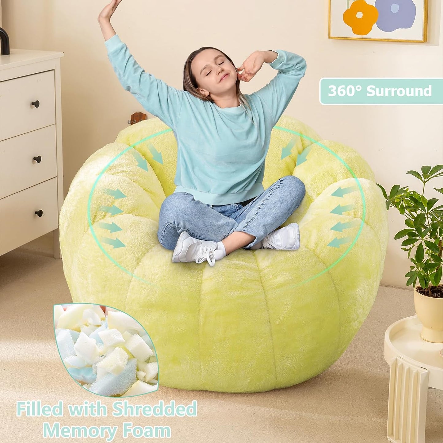 Pumpkin Bean Bag Sofa Chair for Adult, Beanbag Couch with Filler for Reading and Relaxation, Comfy and Lazy Sofa for Dorm, Apartment, Living Room and Bedroom, Grass Green