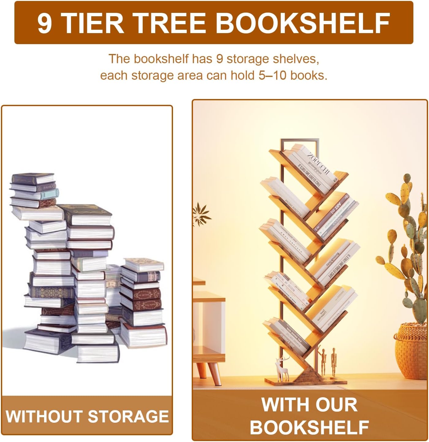Tree Book Shelf with LED Lights, 9 Tier Floor Standing Bookcase, Classical Corner Shelf Kids Bookshelf, Tall Wood Book Storage for Bedroom, Living Room, Home Office, Brown