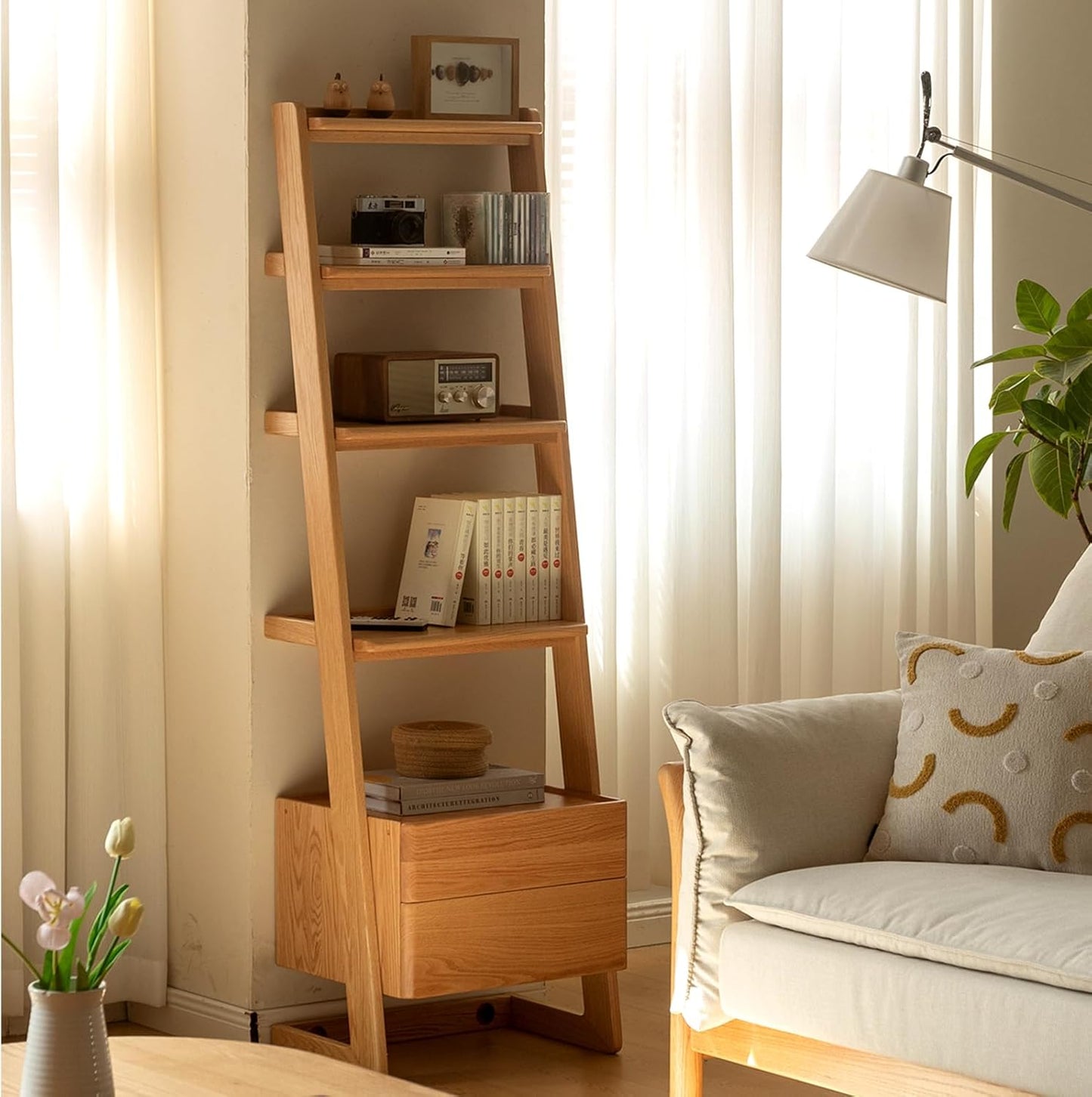 100% Solid Wood 5 Tier Ladder Shelf, Narrow Ladder Bookshelf with Drawers, 63.78" Tall Wood Bookcase Storage Rack Organizer, Freestanding Storage Shelve for Living Room Bedroom