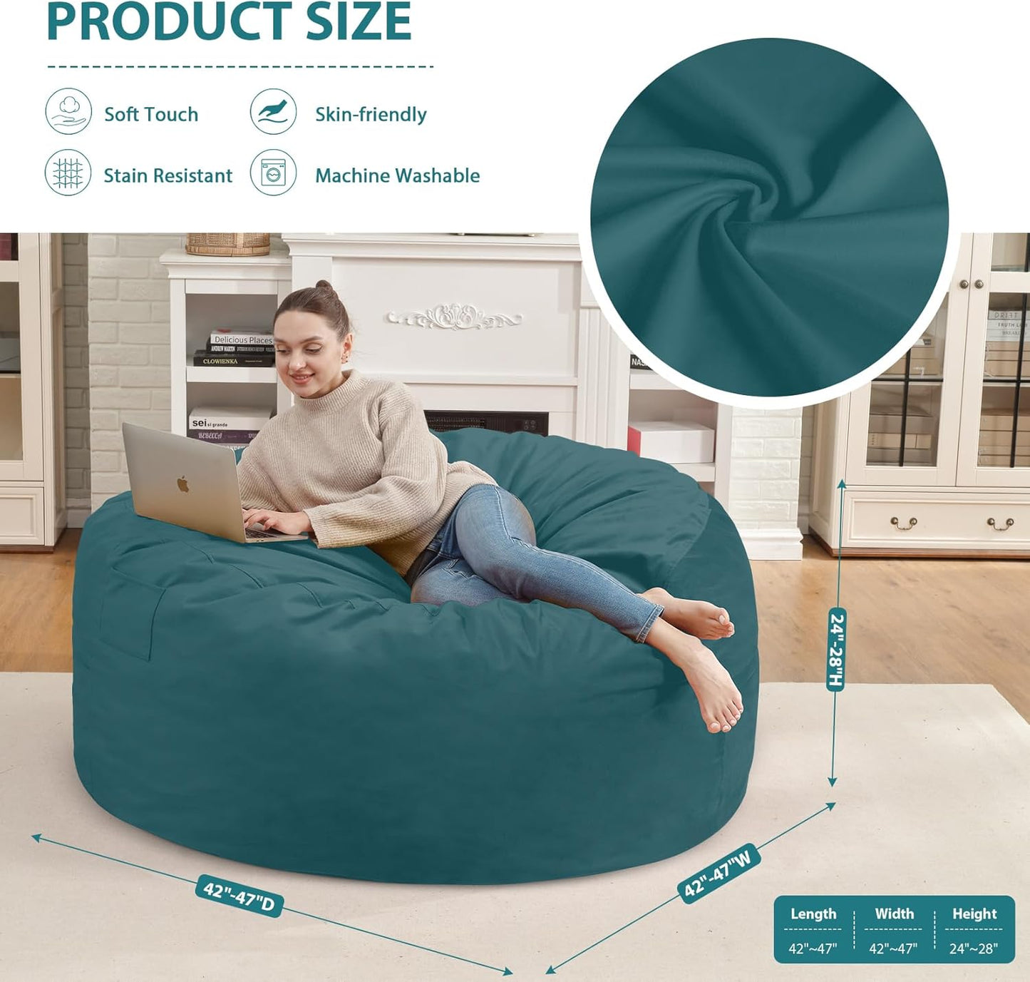 4FT Bean Bag Chair, Large Bean Bag Chairs with Memory Foam Filled, Fluffy Beanbag Sofa with Dutch Velvet Cover, Round BeanBag Chairs for Living Room, Playroom - Sea Blue
