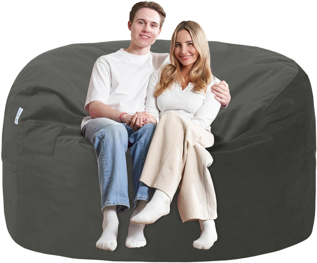 5FT Bean Bag Chair with Ultra Soft Velvet Cover Bean Bag Sofa with Memory Foam Bean Bag Chairs with Large Size Lazy Sofa for Dorm Office Living Room Bedroom Grey 5'