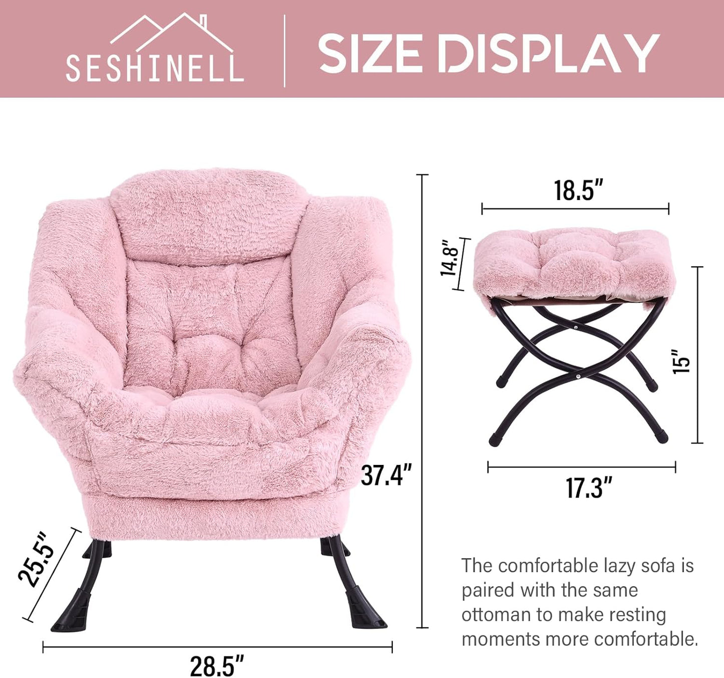 Lazy Chair with Ottoman, Modern Accent Chair Lounge Leisure Sofa Chair with Armrests, Reading Chair and Folding Footstool for Living Room, Bedroom, Office, Plush Pink