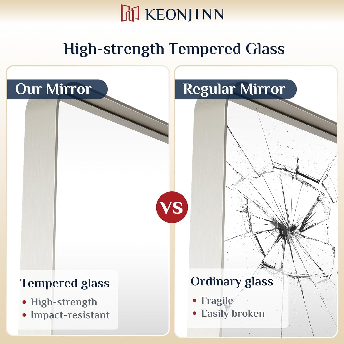 Keonjinn 42 x 20 Inch Brushed Nickel Bathroom Mirrors for Over Sink, Rounded Rectangle Silver Bathroom Vanity Mirror, Metal Framed Farmhouse Mirror for Wall, HD Tempered Glass(Horizontal/Vertical)
