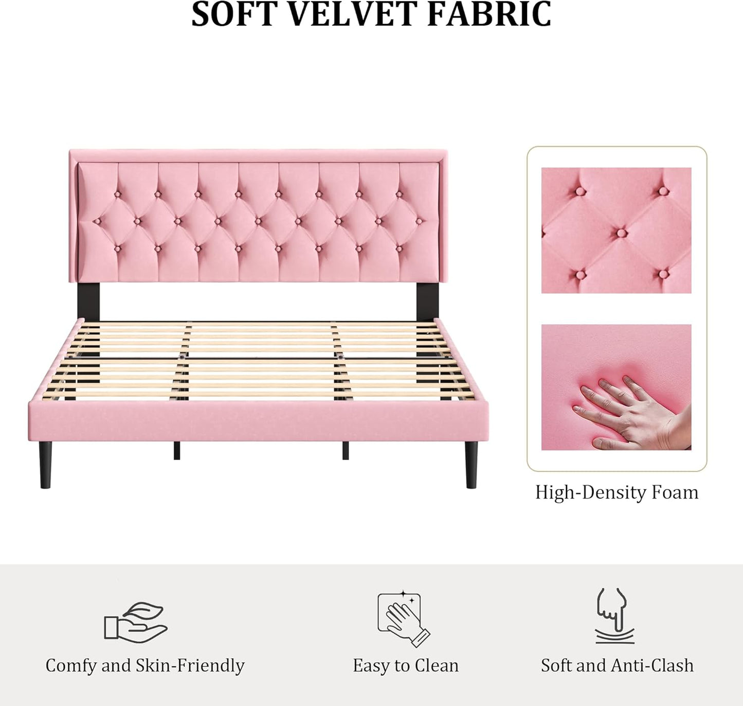 King Size Platform Bed Frame with Upholstered Velvet Button Tufted Headboard, Mattress Foundation with Wooden Slat Support, No Box Spring Needed, Easy Assembly, Noise Free, Pink