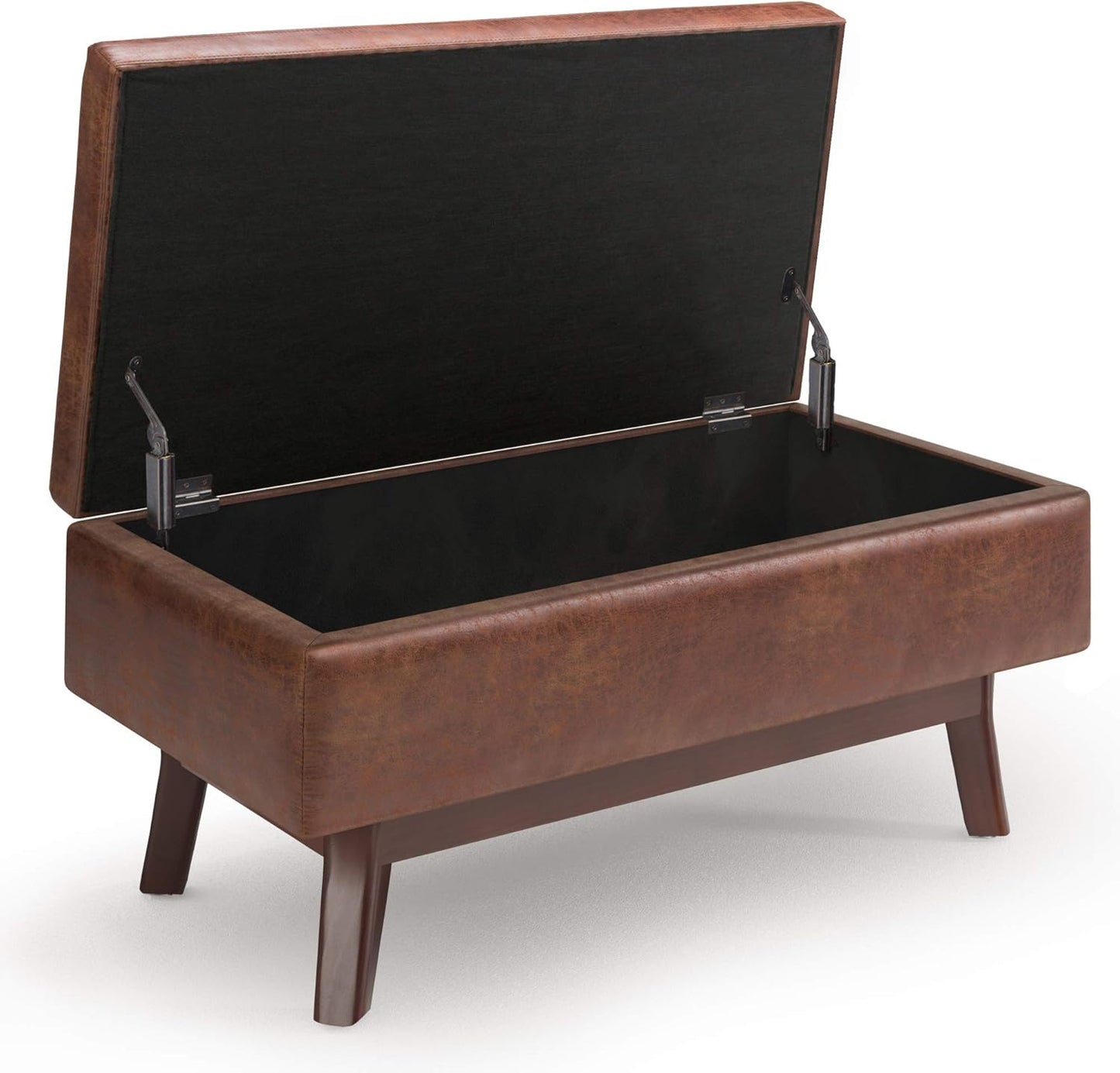 SIMPLIHOME Owen 36 inch Wide Mid Century Modern Rectangle Small Rectangular Storage Ottoman in Distressed Saddle Brown Vegan Faux Leather, Assembled, for the Living Room, Entryway and Family Room