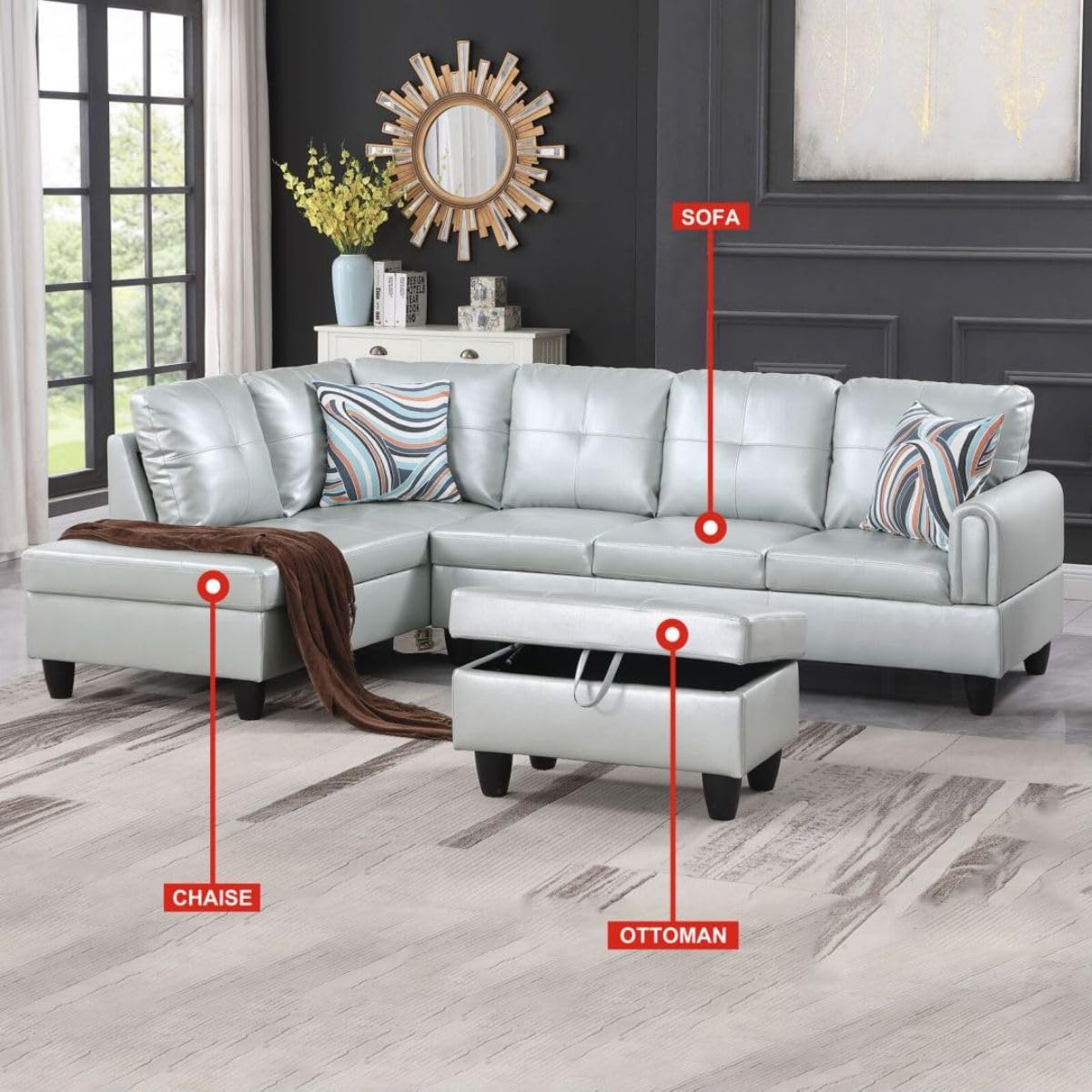 Silver Green L-Shaped 3-Piece Faux Leather Sofa with Storage Ottoman Set, Sectional Couch Sofa Set for Living Room, Office, Small Space