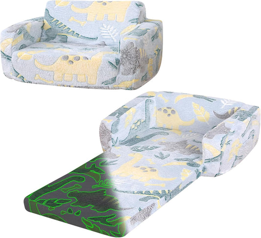 Foldable Kids Sofa Extra Wide for 2 Seats,Soft Kids Fold Out Couch Glow in The Dark,Convertible Sofa to Lounger Toddler Sofa Chair(Dinosaur)