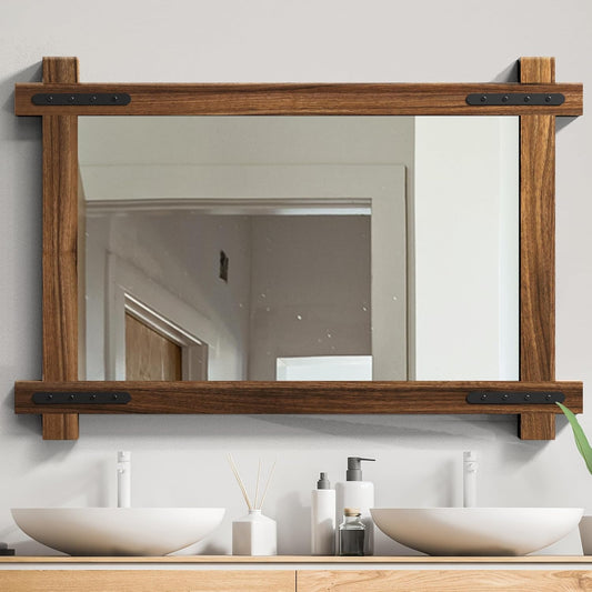 YOSHOOT Farmhouse Wood Bathroom Mirror, 48"x30" Rustic Wall Mirror, Round Corner Vanity Mirror for Decor, Vertical or Horizontal Hanging, Selected Wood, 100% Handmade