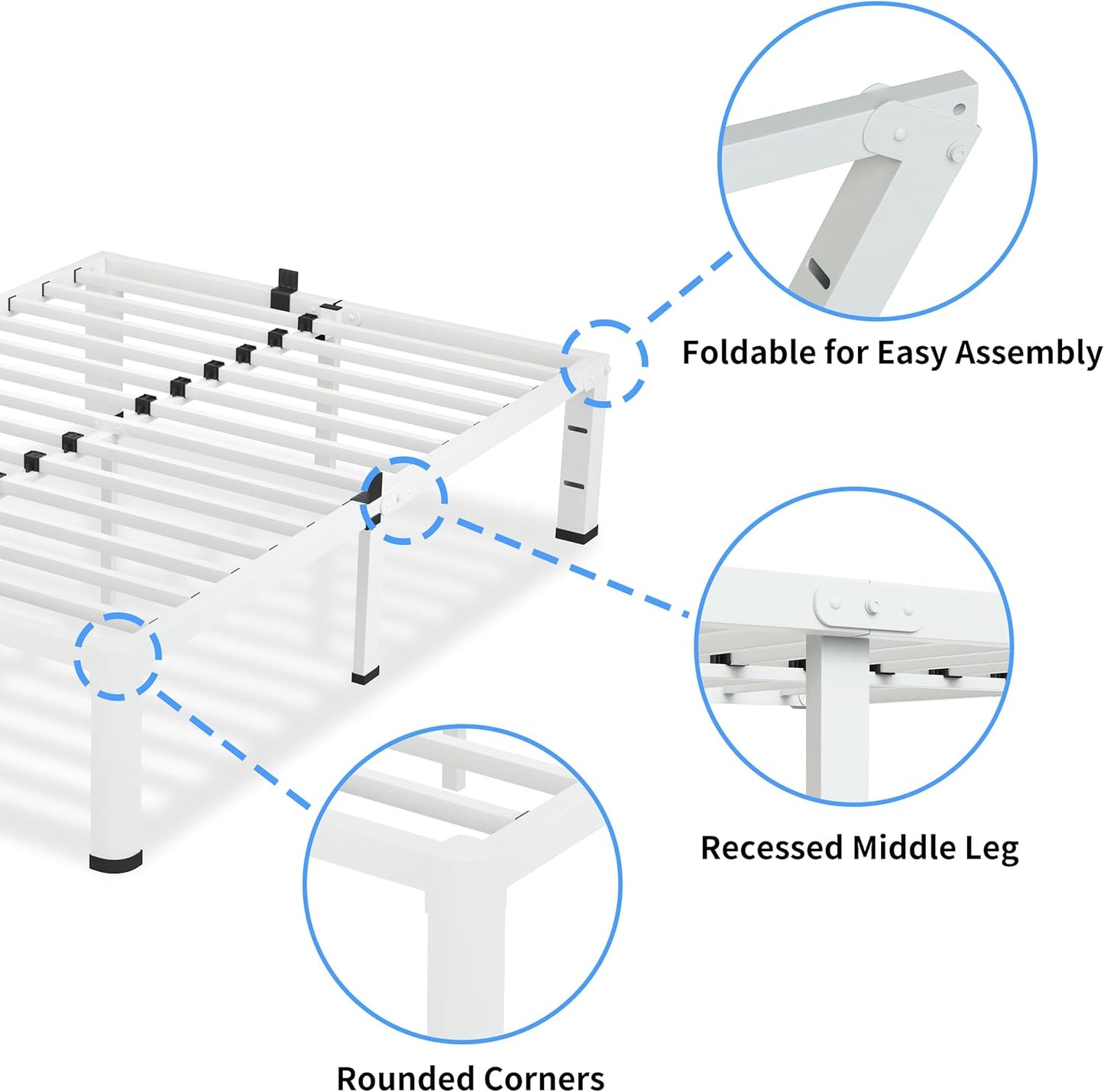 18 Inch Queen Size White Bed Frame, 3500Lbs Heavy Duty Metal Platform with Round Corner Legs Mattress Slide Stopper, Steel Slat Support No Box Spring Needed, Noise Free, Easy Assembly