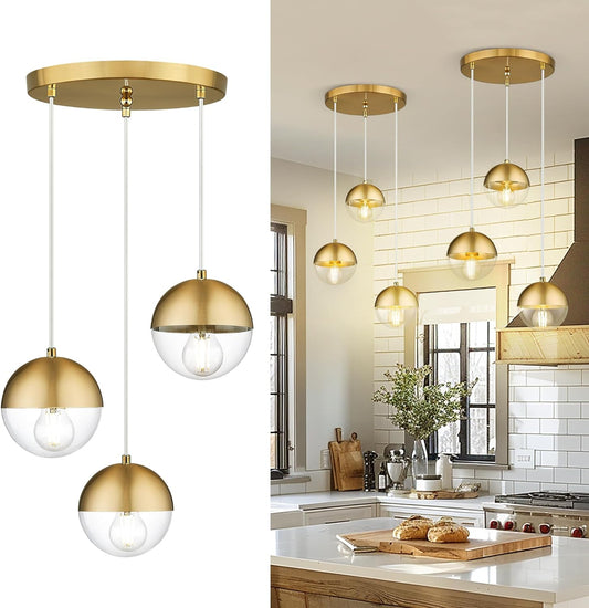 LMS Brushed Gold 3-Light Cluster Pendant Lights, Modern Dining Room Light Fixtures Over Table with Clear Globe Glass, Adjustable Hanging Cord Ceiling Light for Dining Room Kitchen Island, LMS-186BGC3