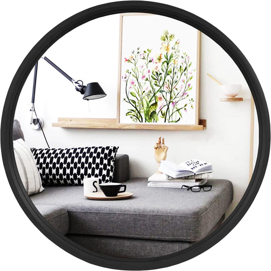 HOMECOOKIN Wood Round Wall Mirror, Large Circle Rustic Accent Decor Mirror, Hanging Bathroom with Frame for Living Room, Bedroom, Entryway, 24 inch, Black