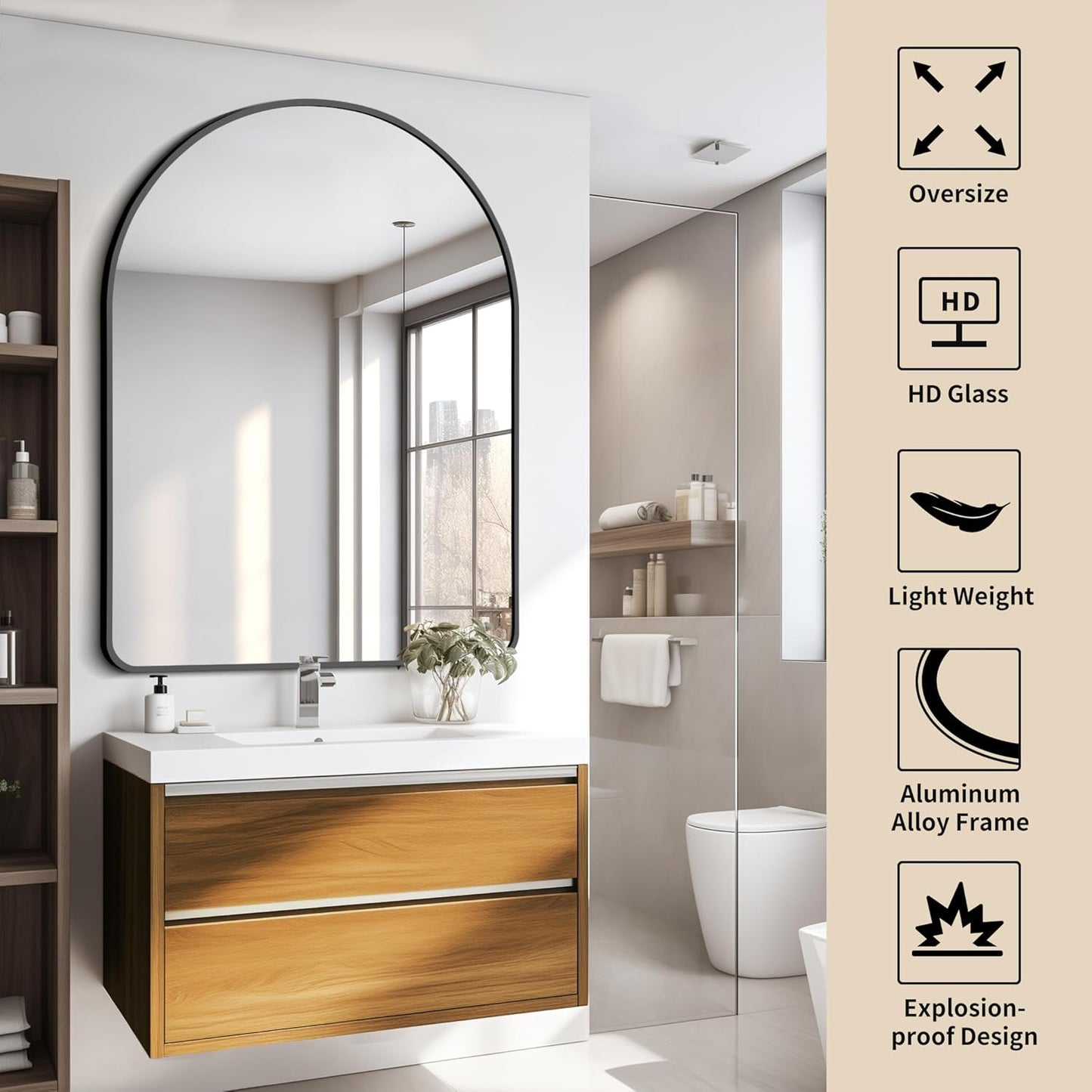 FORBATH Arched Mirror 36x48 Inch, Bathroom Mirror Wall Mounted Modern Black Aluminum Alloy Frame Decor Large Dresser Mirror for Bedroom Living Room Entryway, Hanging or Leaning Against Wall