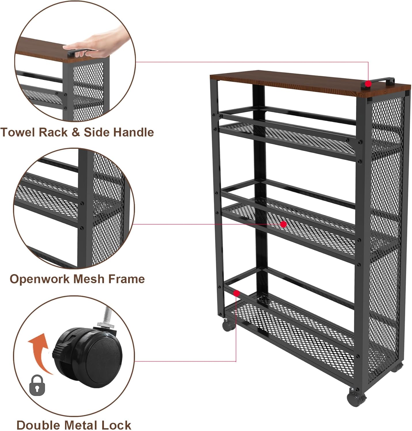 2025 New, Slim Kitchen Storage Cart, 3-Tier Metal Rolling Utility Cart Mesh Basket, Multifunction Wire Basket Shelf Trolley for Home Laundry, Bathroom, Living Room, Black