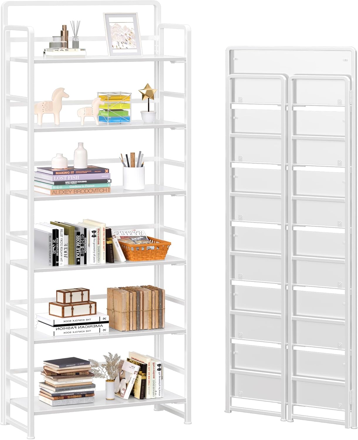 4NM No-Assembly 6 Tiers Folding Bookshelf Storage Shelves Vintage Bookcase Standing Racks Study Organizer Home Office (All White)