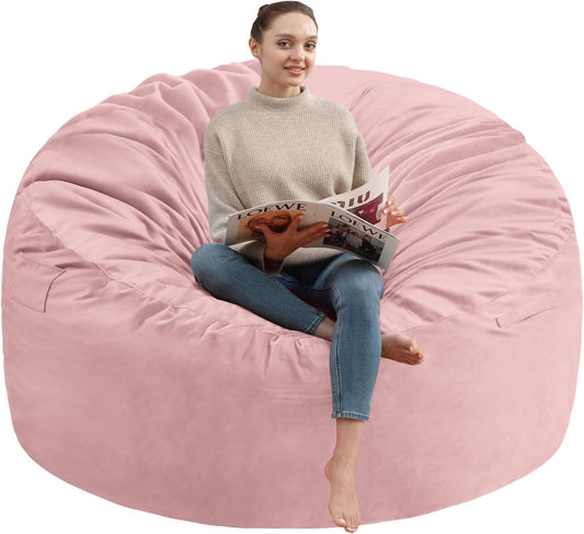 6FT Bean Bag Chair, Large Bean Bag Chairs with Memory Foam Filled, Fluffy Beanbag Sofa with Dutch Velvet Cover, Round BeanBag Chairs for Living Room, Playroom- Light Pink