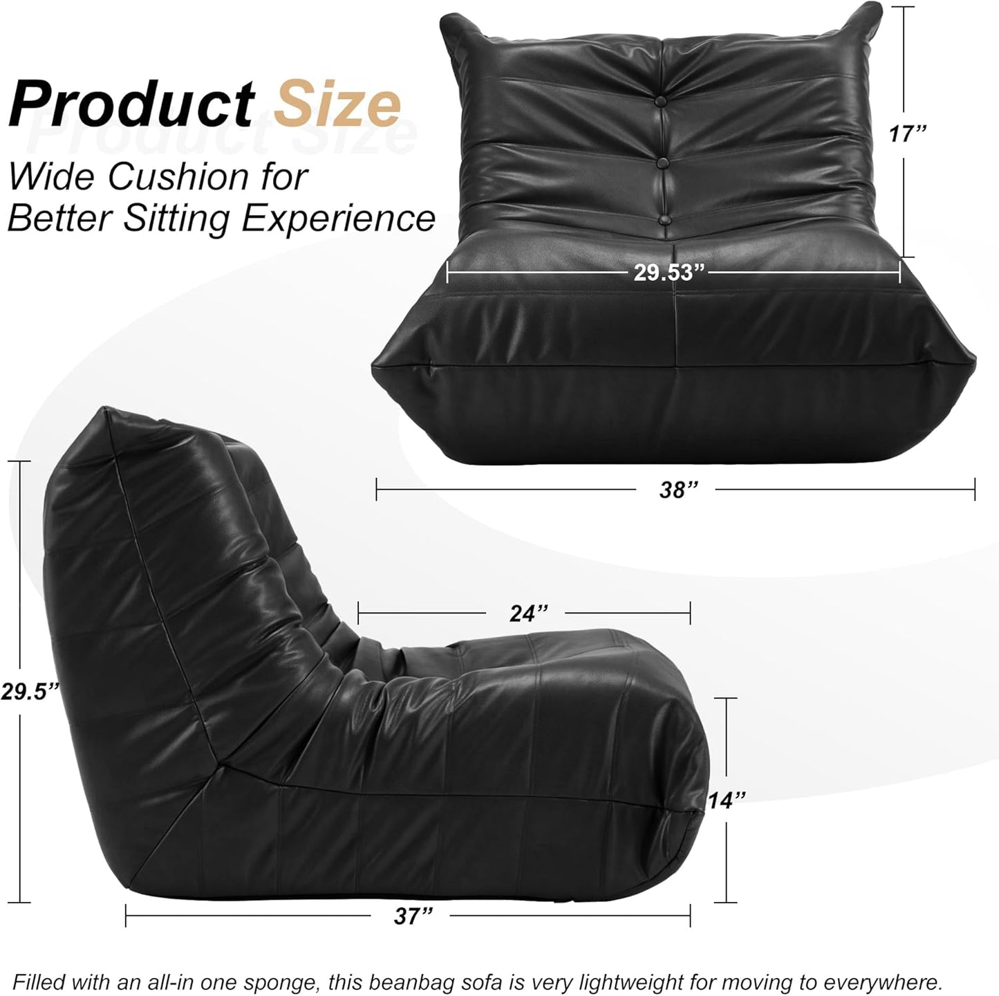 Hobestluk Giant Bean Bag Chair Lazy Floor Sofa, Memory Foam Fireside Sofa for Adults, Big Beanbag Faux Leather Armless Chair for Living Room Bedroom Dorm Office (Black, Single)