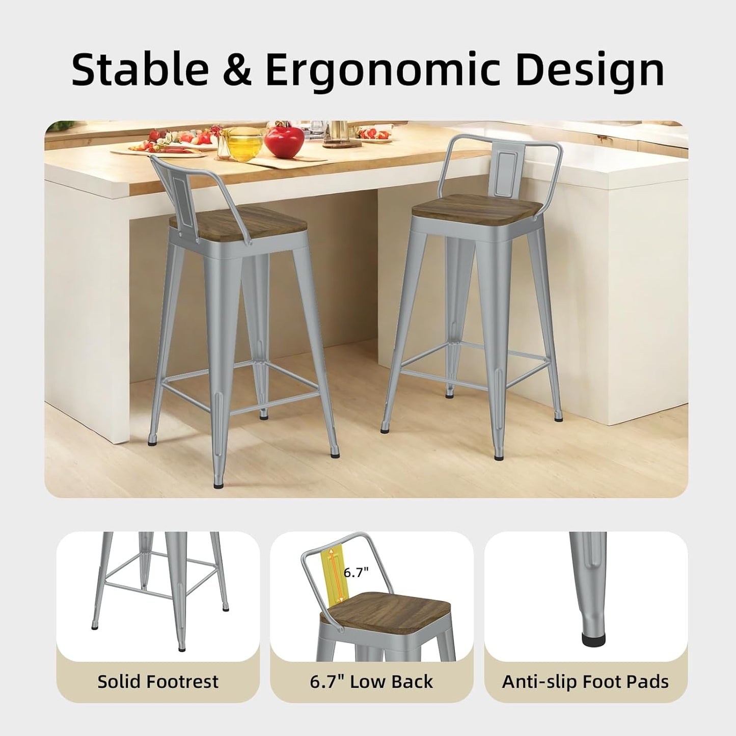 Silver Bar Stools Set of 4, Metal Bar Stools with Wooden Seat, Modern 26”Counter Height Barstools with Low Back