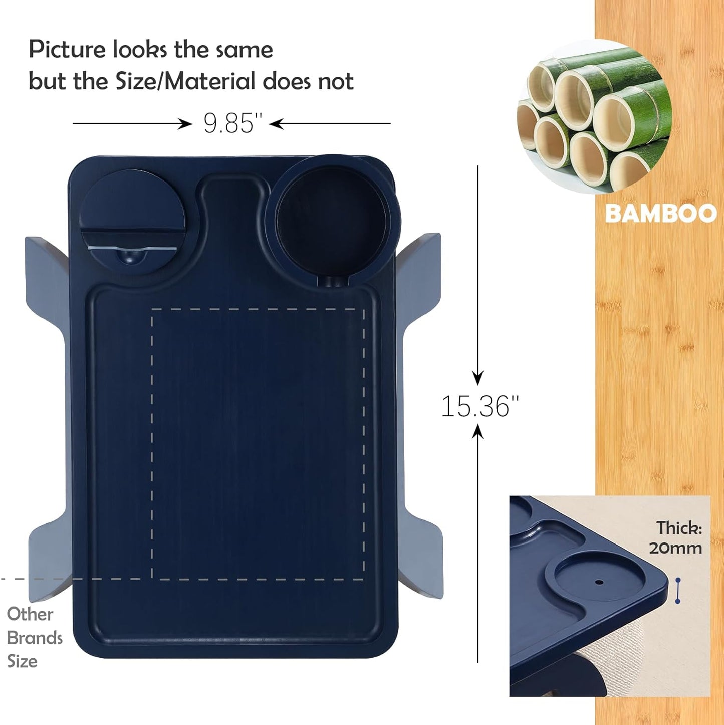 Nnewvante Couch Cup Holder,3 in 1 Large 15.36""x9.85"" Bamboo Sofa Arm Clip on Tray Table with 360°Rotated Phone/Drink Holer, Navy Blue, CAT39252