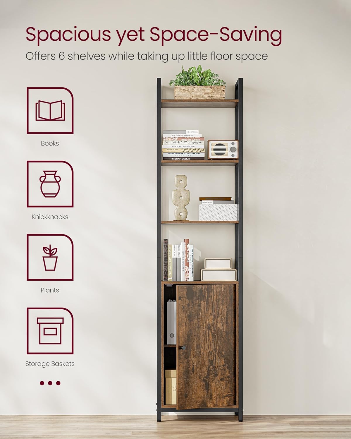VASAGLE 6-Tier Bookshelf, Tall Bookcase with Cabinet, Steel Frame, Adjustable Shelves, 9.4 x 15.7 x 62.8 Inches, Living Room Bedroom, Rustic Brown and Ink Black ULLS132K01