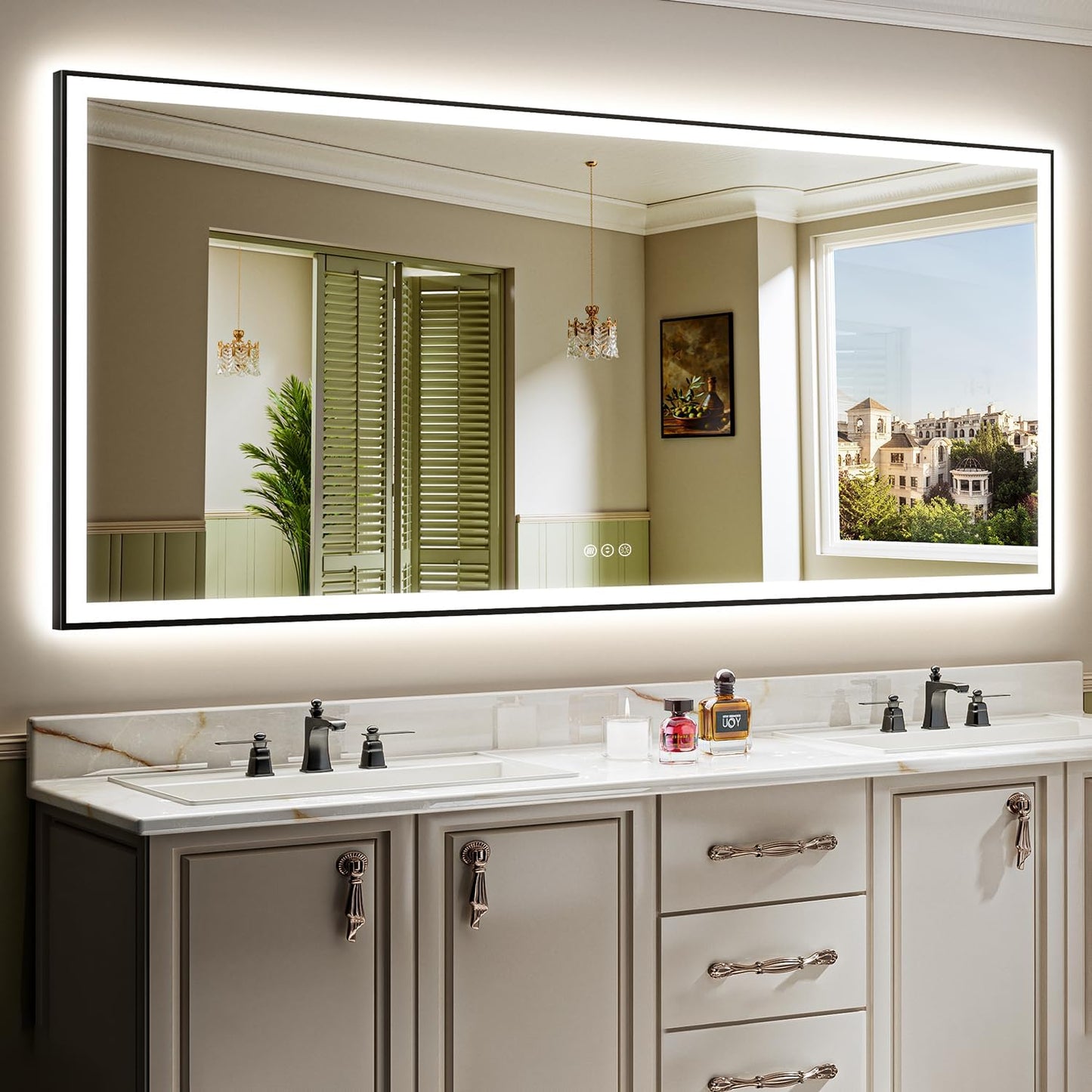 96x36 Inch LED Bathroom Mirror with Lights (Front Lit and Backlit) Black Framed Lighted Vanity Mirror for Bathroom Wall Dimmable Anti-Fog Memory Tempered Glass Horizontal/Vertical