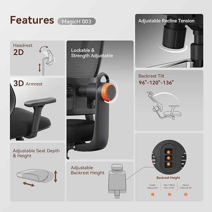 Newtral Ergonomic Home Office Chair, High Back Desk Chair with Unique Adaptive Lumbar Support, Adjustable Headrest, Seat Depth Adjustment, 96°-126° Tilt Function, Adjustable Armrest Recliner