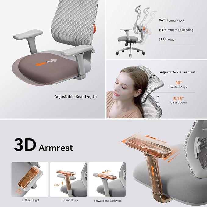 Newtral Ergonomic High-Back Office Chair, Home Office Desk Chair with Auto-Following Lumbar Support, Adjustable Headrest, 3D Armrest, Seat Depth & Heigh Adjustable, 96°-126° Recline