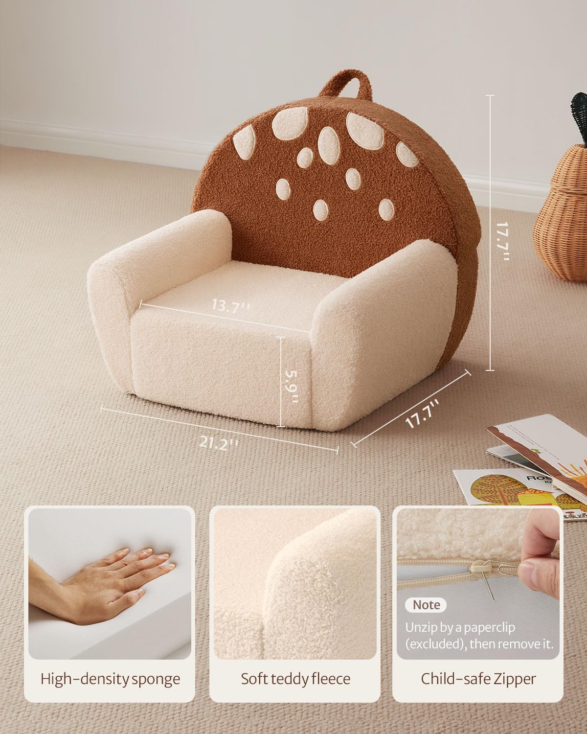 Blissful Diary Toddler Chair Comfy, Foam Kids Chair with Soft Teddy Plush, Toddler Reading Armchair with Cute Mushroom Designs- Brown