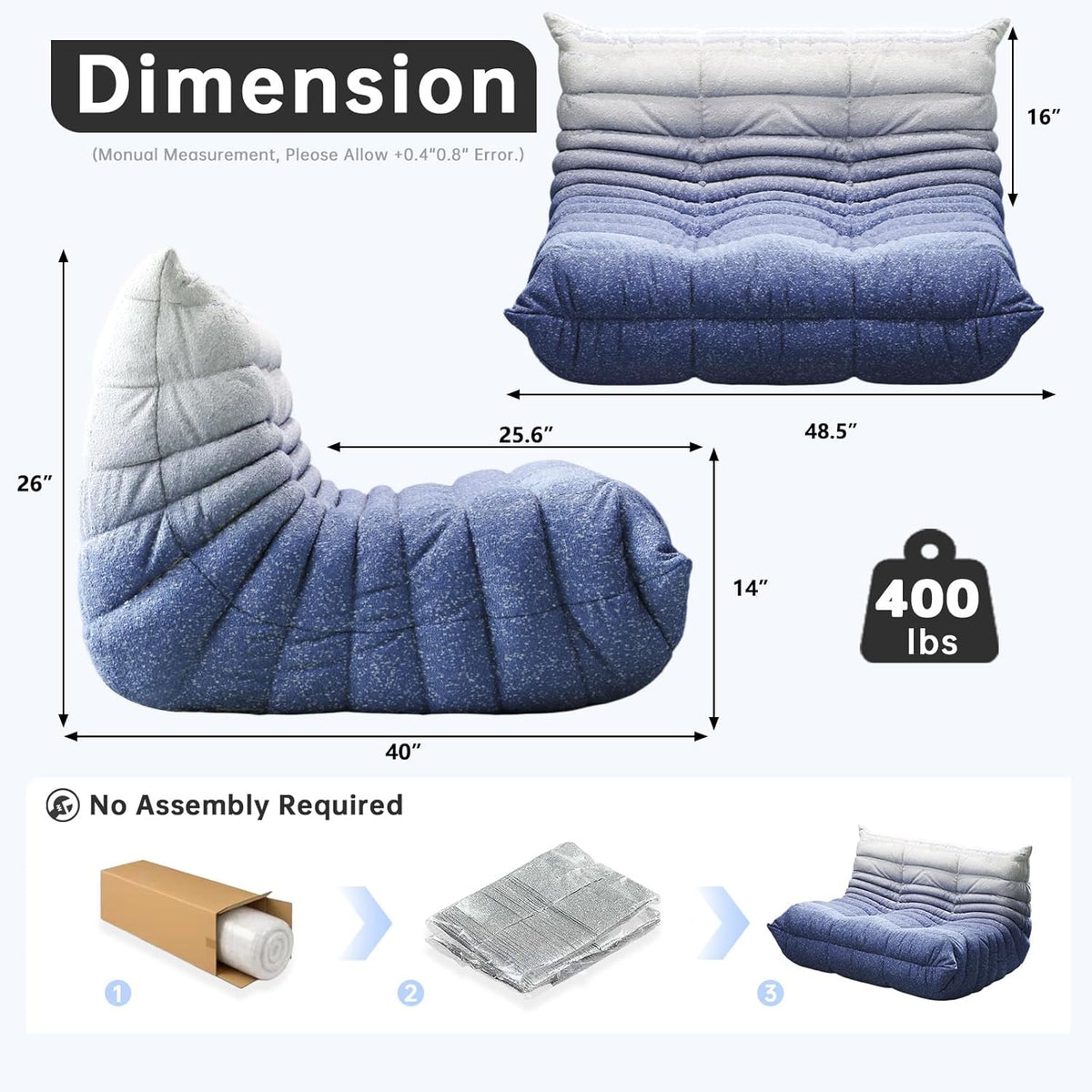 Bean Bag Chairs for Adults, Memory Foam Couch Loveseat Sofa Chair, Soft Teddy Material Cozy Comfy Reading Nook Chairs, Floor Chair for Living Room Bedroom Office(Blue-White)