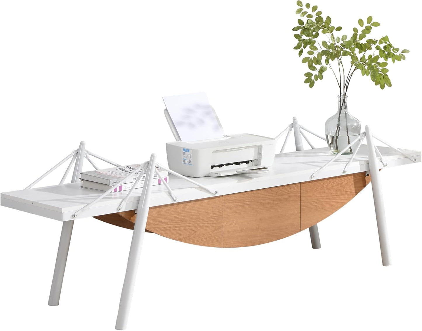 1 Tier Modern Boat-Shaped Bookshelf with Drawer, White & Brown, 70.9" Long Horizontal Low Shelf for Storage Display Decoration, Sturdy MDF & Metal Industrial Frame, for Living Room
