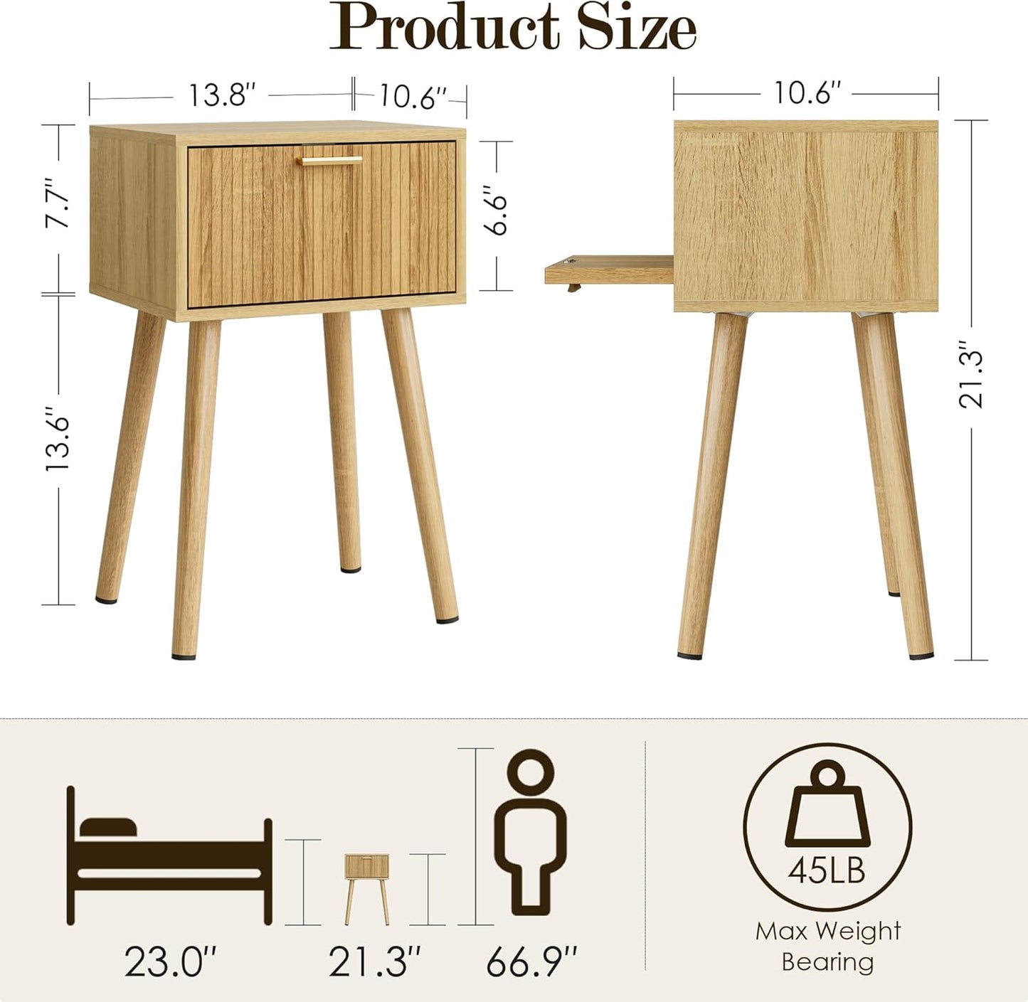 Night Stand, Oak Nightstand with Fluted Door, Small Modern Mid-Century Bedside Table for Bedroom, End Table for Living Room
