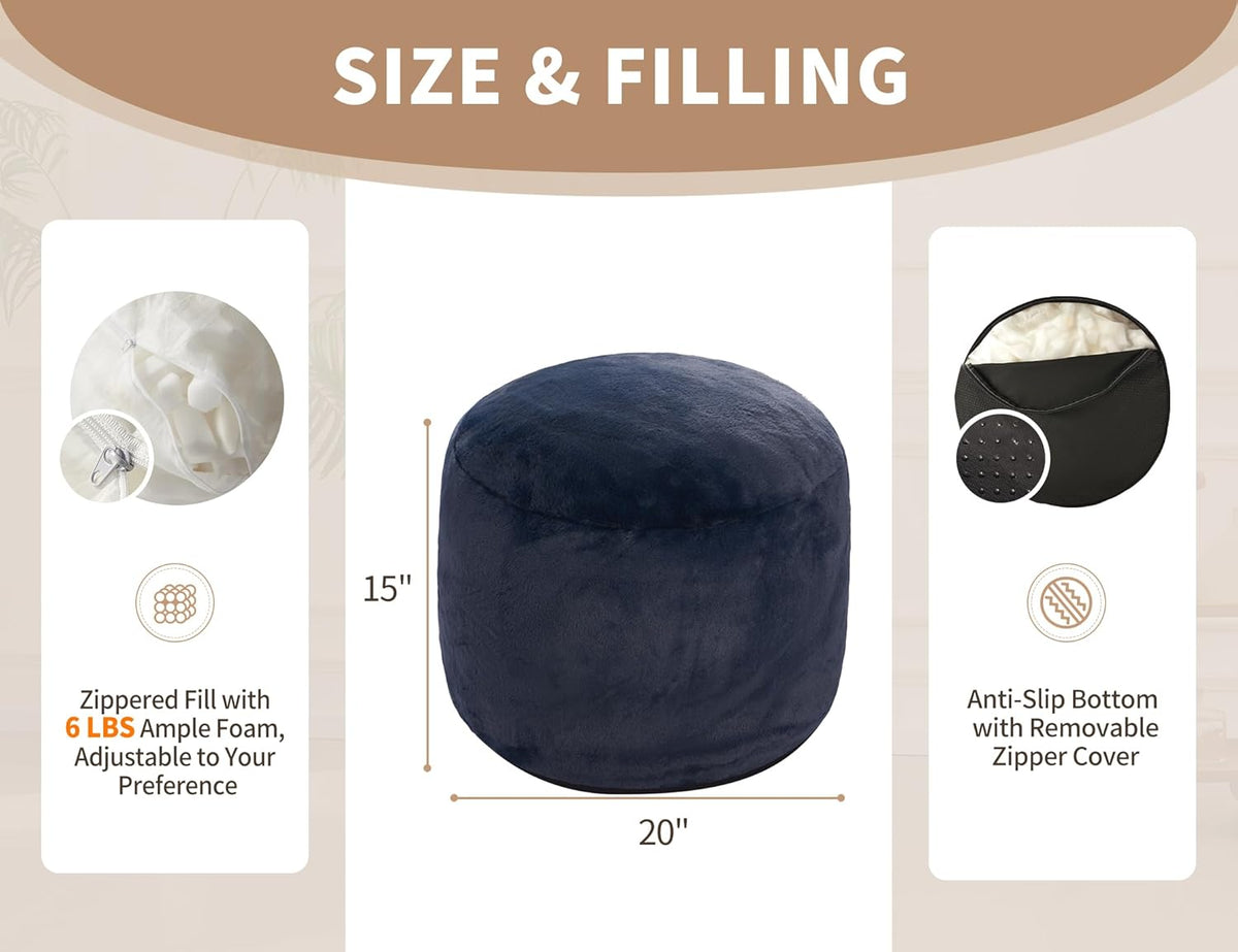 Boho Ottoman Living Room Furniture 20"x15" Round Ottomans Pouf Couch Foot Rest Navy Pouf Ottoman Foot Rest with Foam Chunk Filling Pouffe Ottomans Stuffed Foot Rests Poufs for Couch