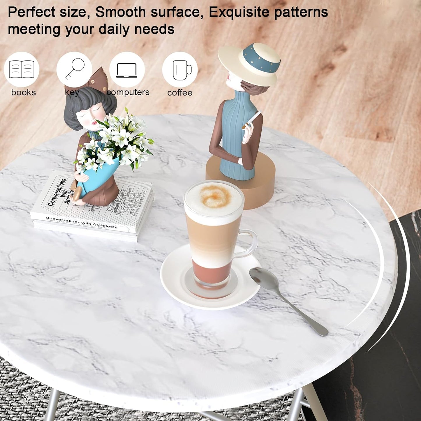 TV Tray Table, Round Folding Table, Foldable Snack Tray for Eating, Small Folding Table Set of 2, Dinner Table for Couch, Living Room, Small Space (White Marble, 2Pcs)