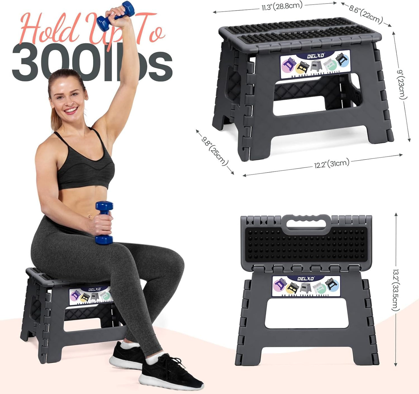 Delxo Folding Step Stool 9 Inch,Non-Slip Foldable Stools Up to 300 LBS,Kitchen Collapsible Fold Up Stepping Stool with Dotted 1 Pack,Gray