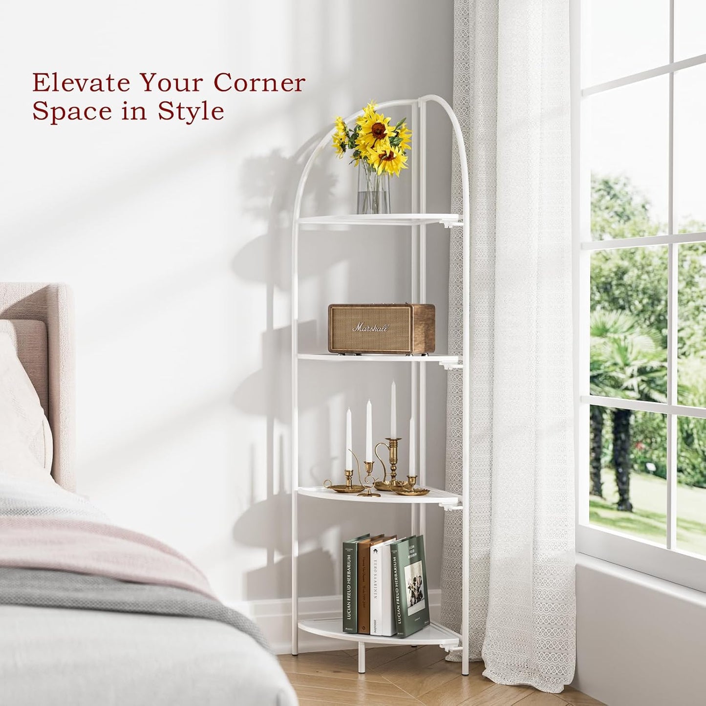 Crofy Foldable 4 Tier Corner Shelf, Metal Corner Plant Stand with White Frame and White Shelves, Corner Display Rack Multipurpose Shelving Unit for Living Room, Bedroom, Bathroom