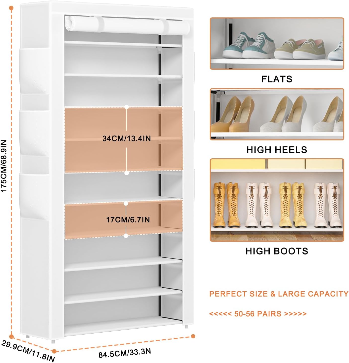 Shoe Rack 10Tier Large Capacity 50-56Pairs Beautiful Tall Shoe Shelf Free Standing Storage Cabinet Entryway Closet