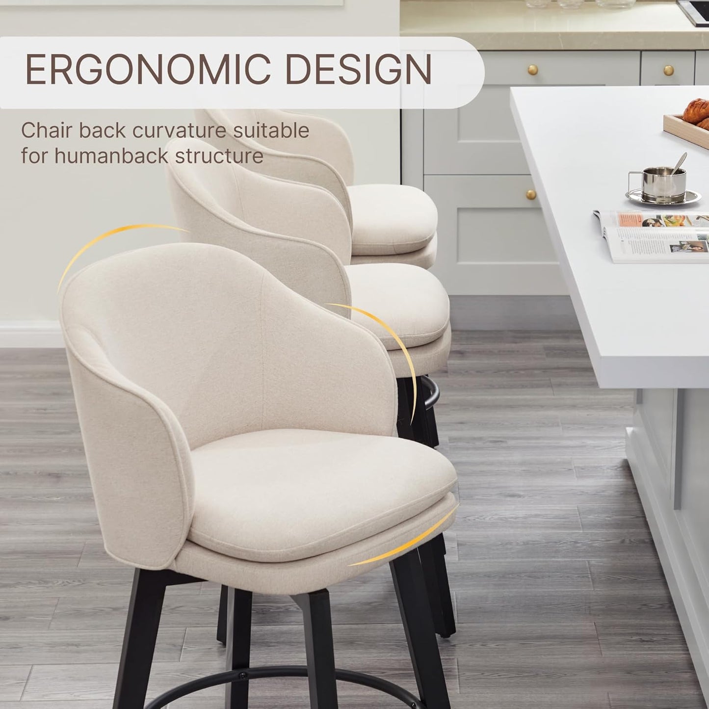 Counter Height Barstools 26 inch Upholstered Swivel Bar Stools with Back and Wood Legs for Kitchen Island,Set of 4,Beige Fabric