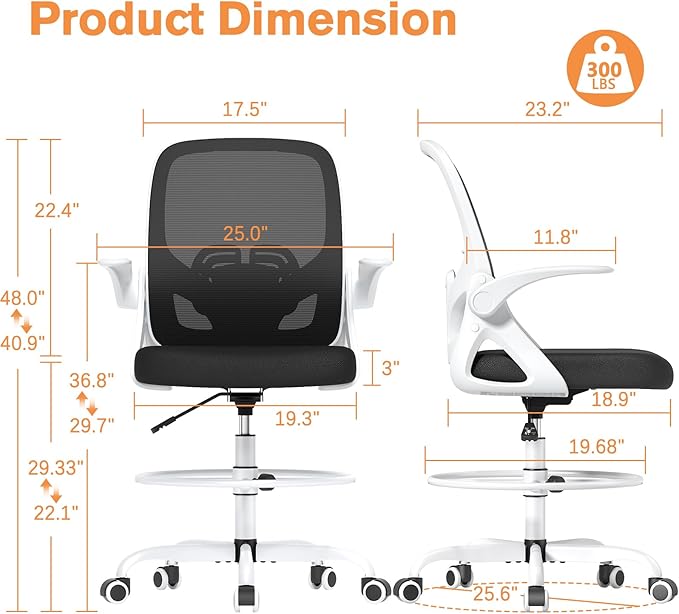 Tall Drafting Chair with Lumbar Support and Footrest Ring, Supportive Tall Extended Height Ergonomic Desk Chair for Home Work, Breathable Mesh Office Chair with Flip up Arms(White)
