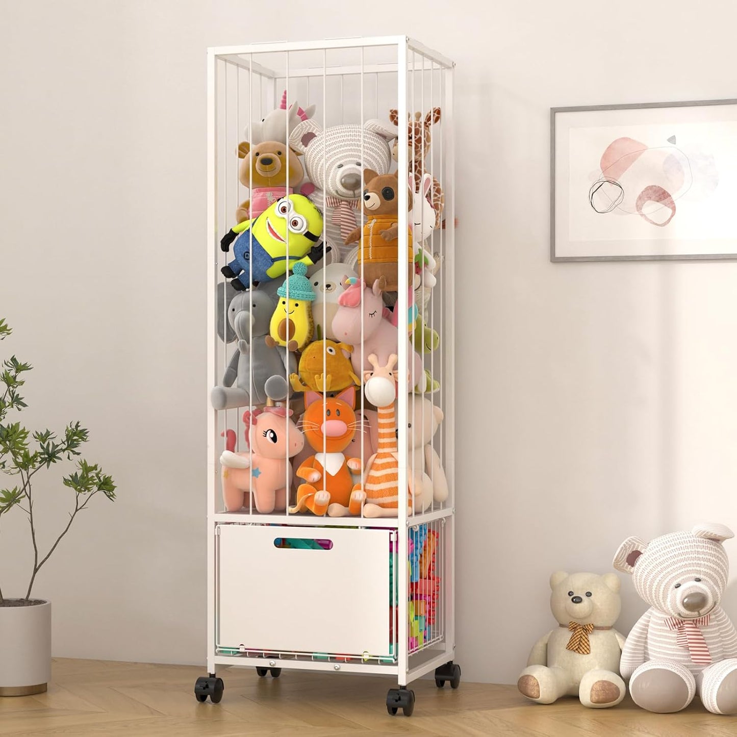 Bukfen Metal Stuffed Animal Storage Zoo Extra Large Stuffed Animal Holder Space Save Toy Organizer PVC with Basket and Wheels for Nursery Playroom Bedroom,D15.75 x W12.68 x H51.18 inch,White