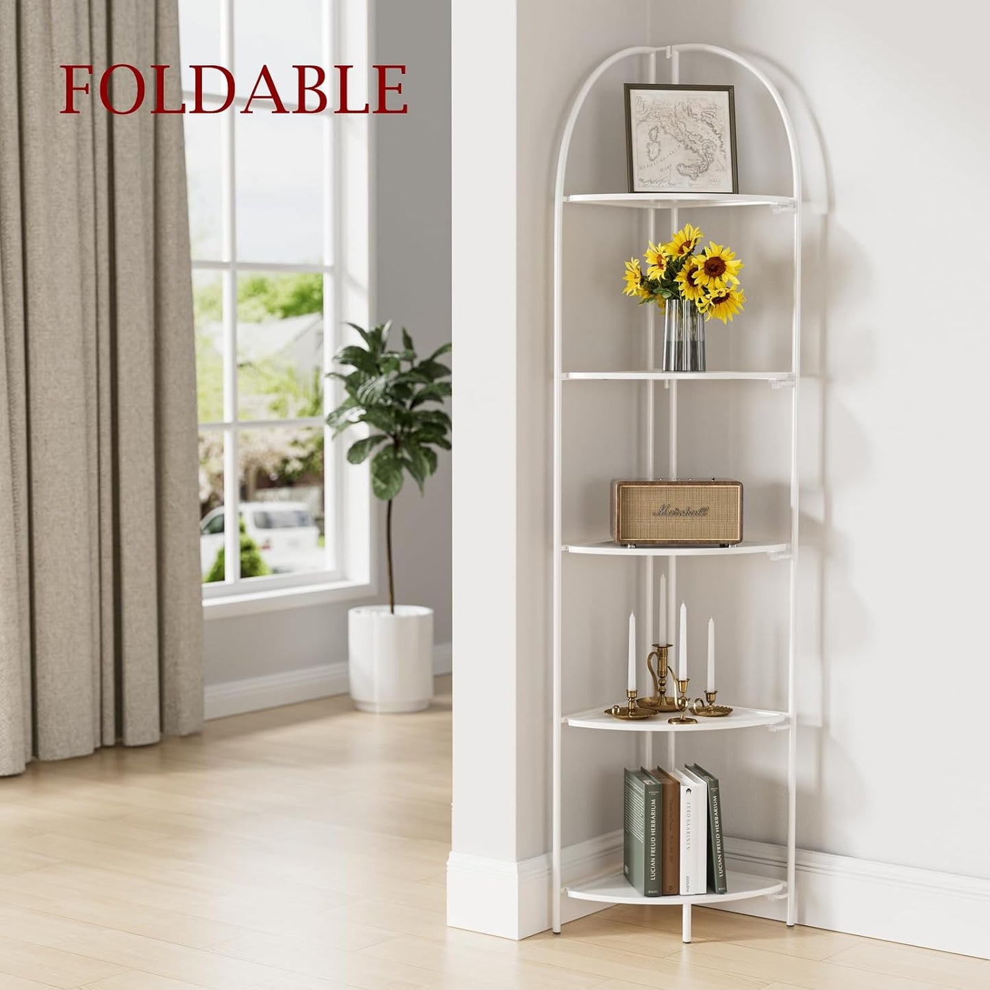 Crofy Foldable 5 Tier Corner Shelf, Metal Corner Plant Stand with White Frame and White Shelves, Corner Display Rack Multipurpose Shelving Unit for Living Room, Bedroom, Bathroom