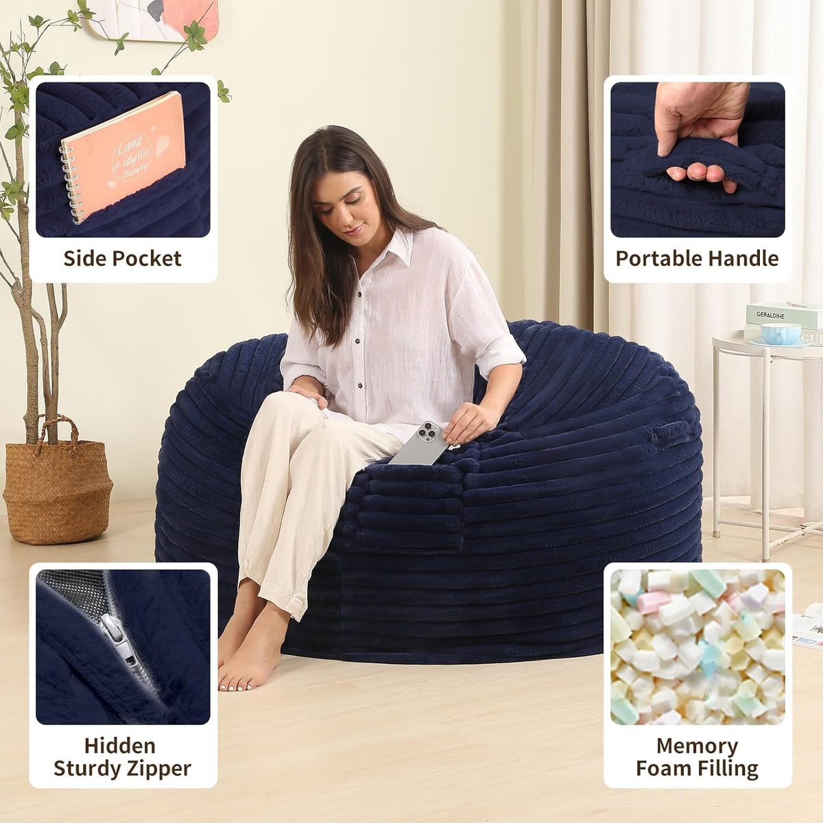 4FT Memory Foam Bean Bag Chair for Adults/Teens, Bean Bag Sofa with Fluffy Removable Cover, for Living Room Bedroom, Blue