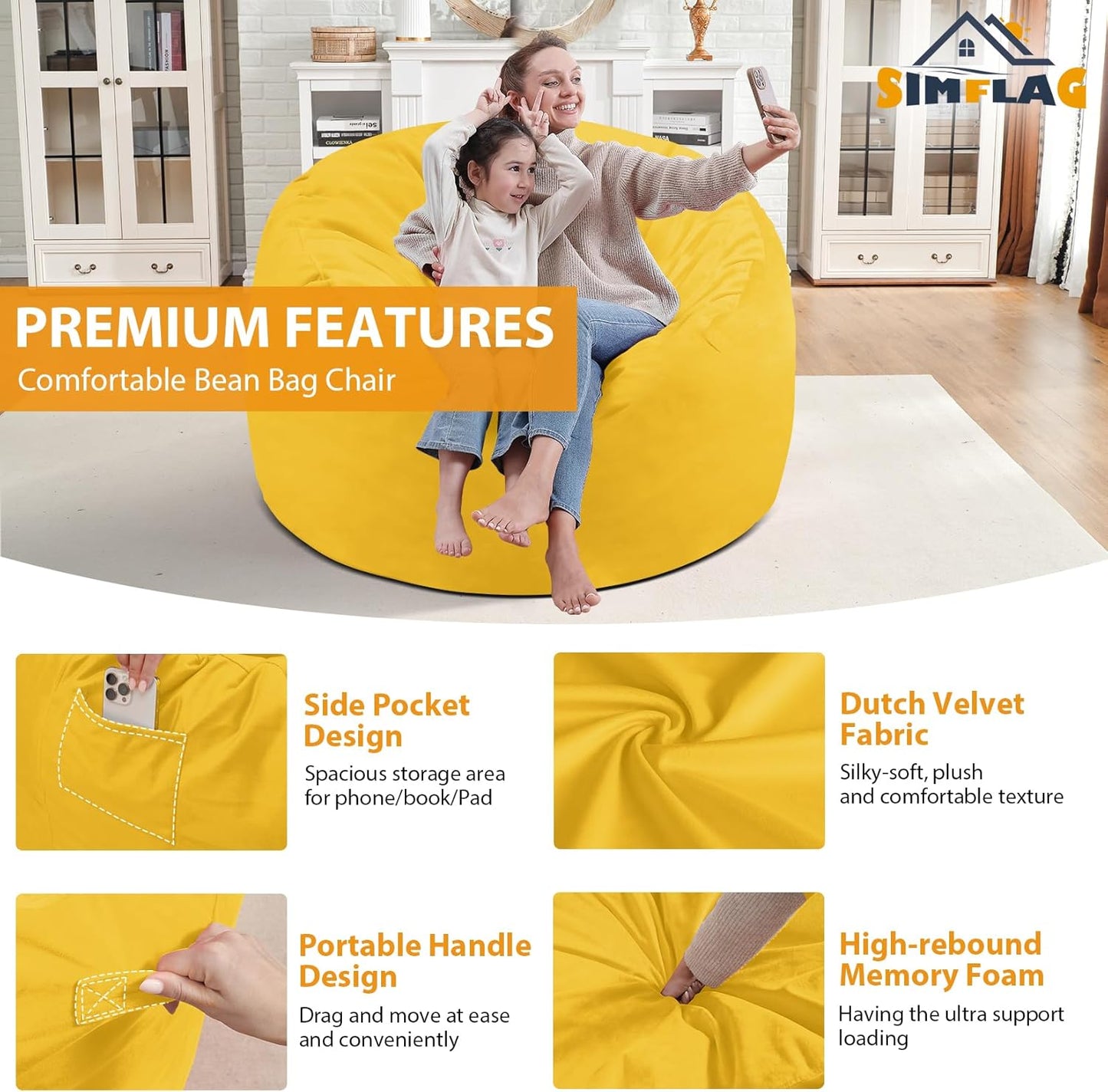 3FT Bean Bag Chair, Comfy Bean Bag Chairs with Memory Foam Filled, Fluffy Beanbag Sofa with Dutch Velvet Cover, Round BeanBag Chairs for Living Room, Playroom - Lemon