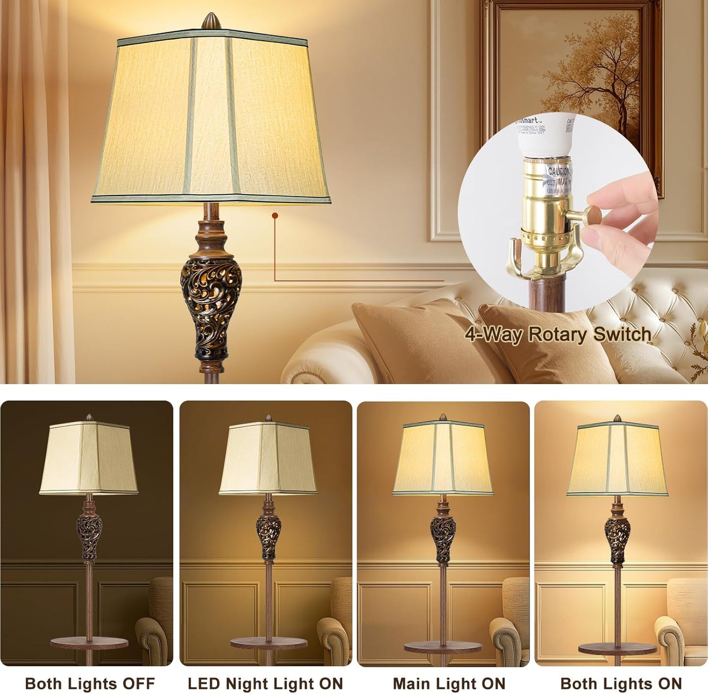 65" High Vintage Floor Lamp with Night Light and Glass Tray, Farmhouse Standing Lamp with Beige Faux Silk Shade, Retro Rustic Tall Lamp Decor for Living Room, Bedroom, Bedside, Corner (Bulb Included)