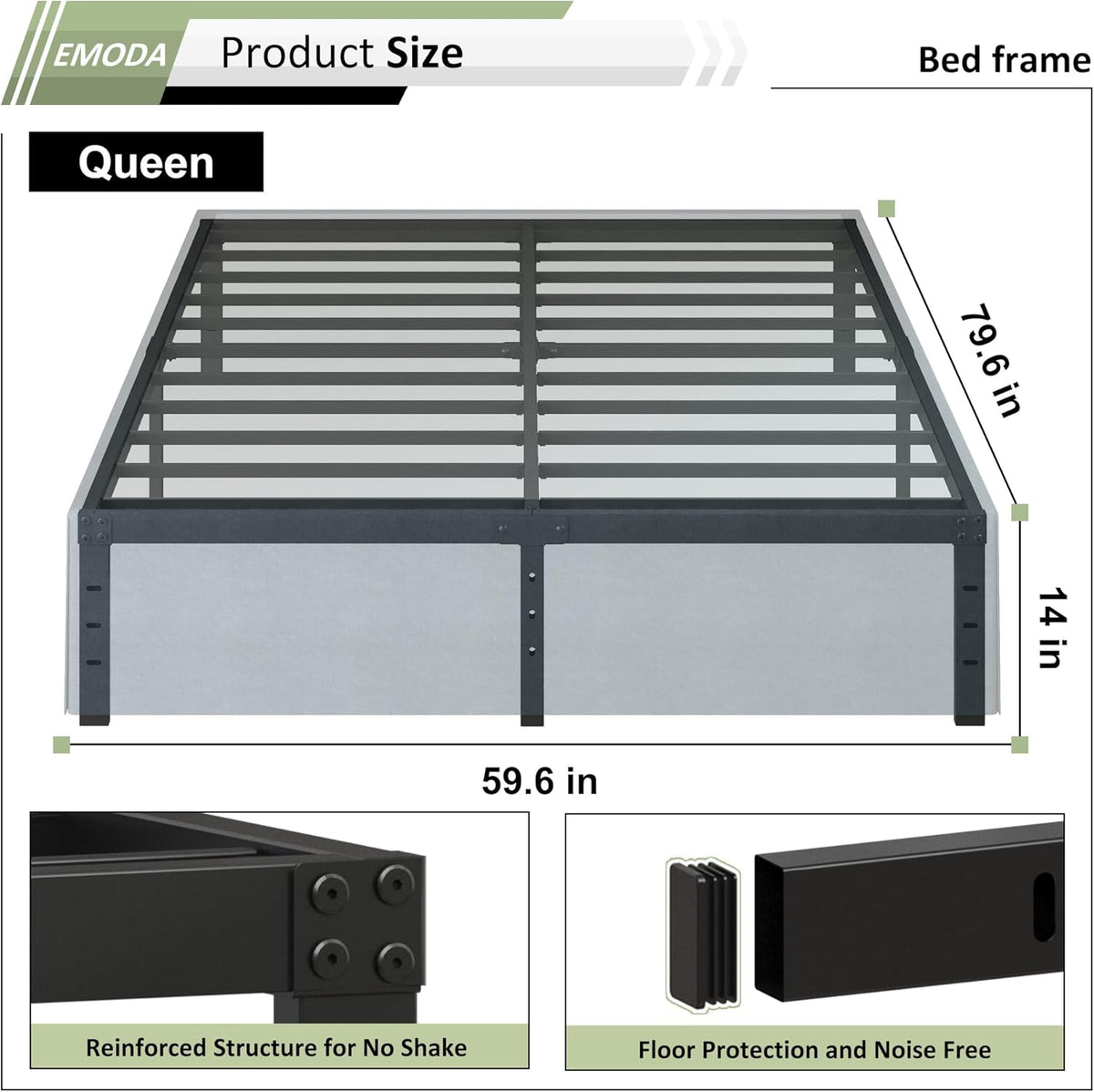 EMODA Queen Bed Frame with Cover No Box Spring Needed, 14 Inch Heavy Duty Metal Platform BedFrame Queen Size with Steel Slats, Easy Assembly