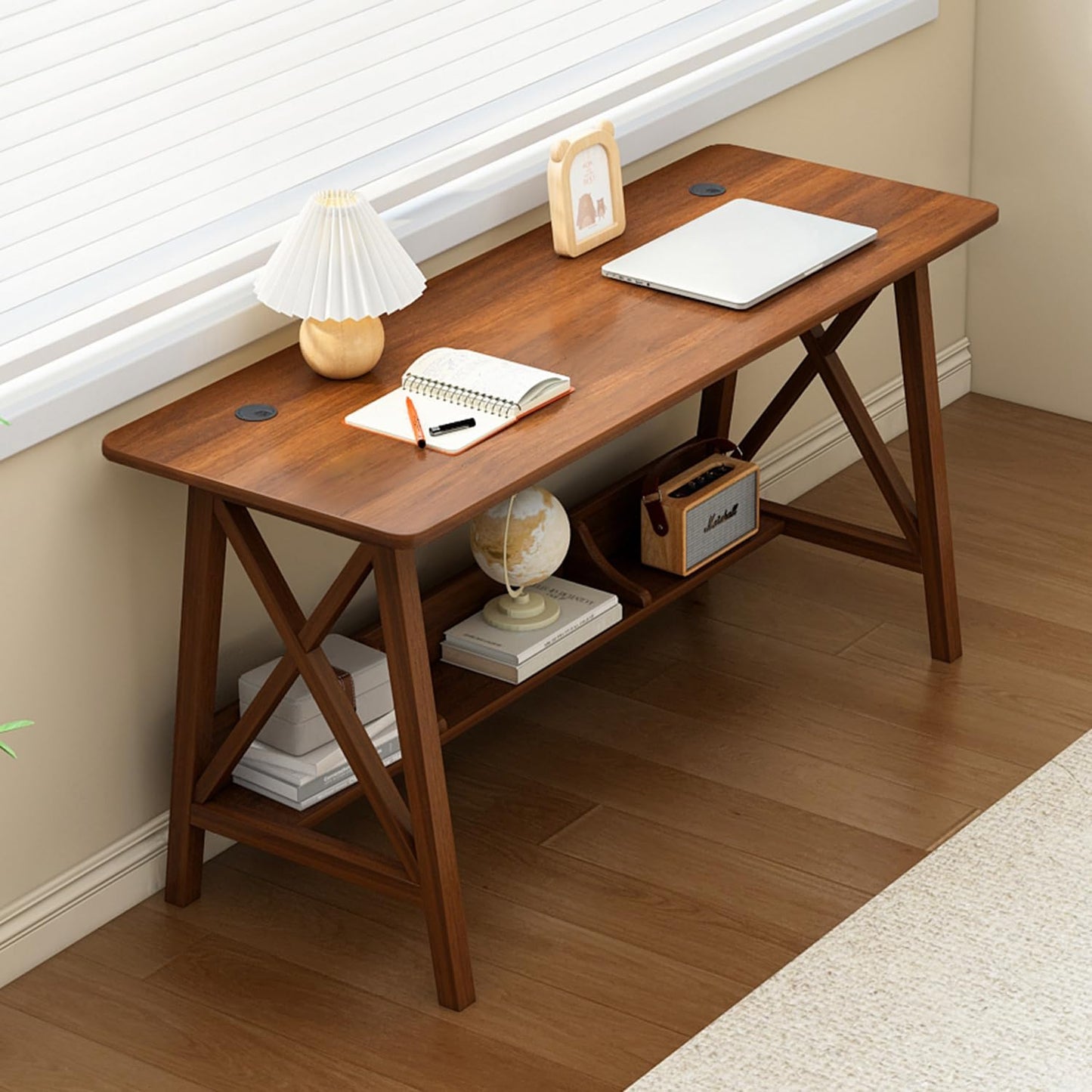 Extra Long Desk with Bookshelf - Wooden Home Office Work Study Table, Writing Computer Workstation with Storage Shelf in Wanut, 47" Wx16 Dx30 H